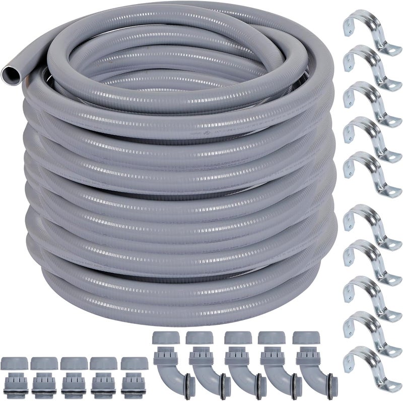 Neorexon Liquid-Tight Conduit 3/4 150ft, Electrical Conduit w/UL Certification, Flexible Conduit with 5 Straight and 5 90-Degree Conduit Connector Fittings Gray - Image 1
